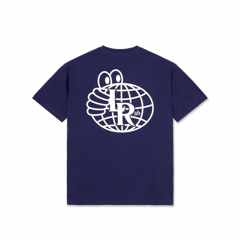 t-shirt-homme last resort atlas monogram bleu nuit 210 gsm avec imprimé "Last Resort AB" à l'avant et imprimé logo Last Resort à l'arrière du t-shirt.