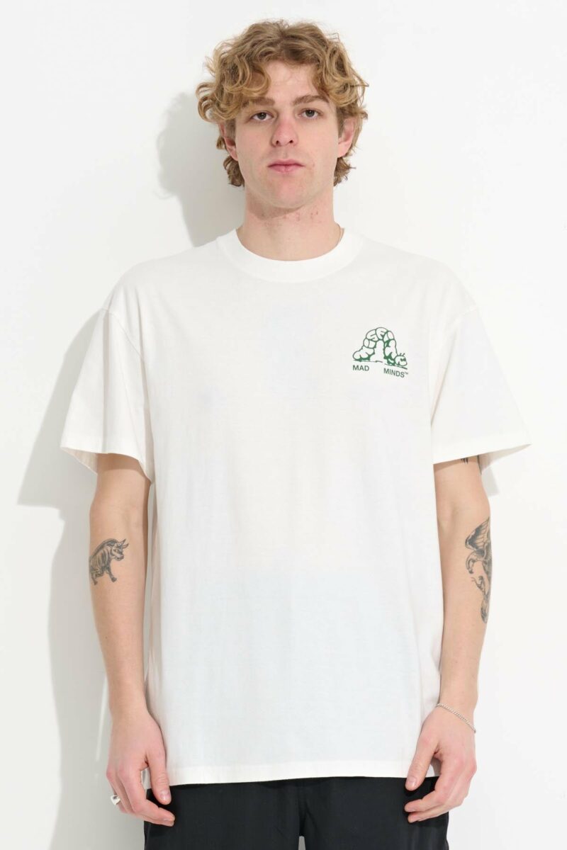 t-shirt homme misfit blanc avec illustration chenille en impression vert